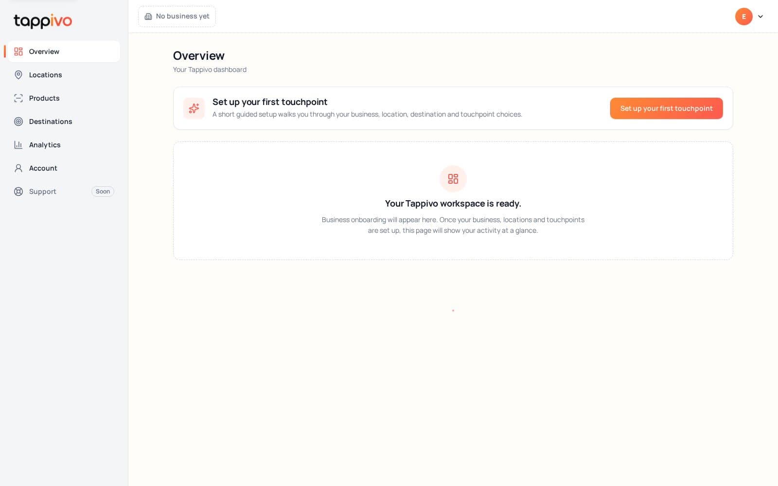 Preview of the Tappivo workspace showing the Overview empty state before any touchpoints are set up