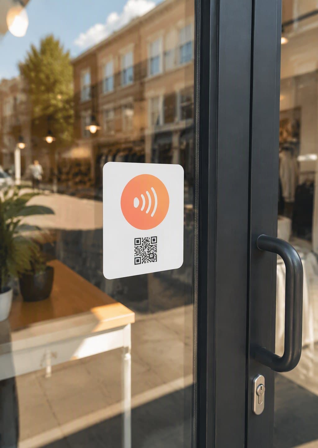 Tappivo door and window decal mockup on a glass shop door, white with a coral tap zone