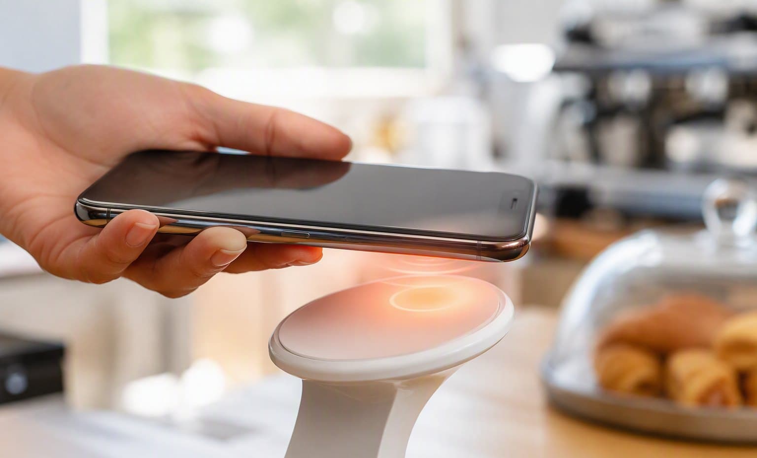 Close-up of a hand holding a phone over the glowing coral tap zone of a Tappivo touchpoint